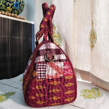 Load image into Gallery viewer, Beautiful maroon white check multicolor Kantha Ikat handcrafted silk duffle bag I Chanchal bringing art to life 