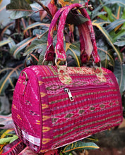 Load image into Gallery viewer, elegant maroon multicolor Kantha Ikat handcrafted silk duffle bag I Chanchal bringing art to life 