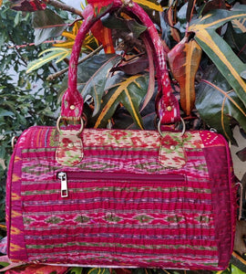 Beautiful golden maroon multicolor Kantha Ikat handmade silk duffle bag I Chanchal bringing art to life 