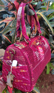 Gorgeous golden maroon multicolor Kantha Ikat handcrafted silk duffle bag I Chanchal bringing art to life 