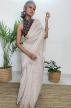 Load image into Gallery viewer, Made in India, Naturally Dyed Beige Cotton Saree, gorgeous. elegant, handloom, festive wear, Durga puja, Ganapati, office wear, ethnic collection, traditional dress, beautiful, classy, simple, summer, comfortable, soft, Chanchal bringing art to life.