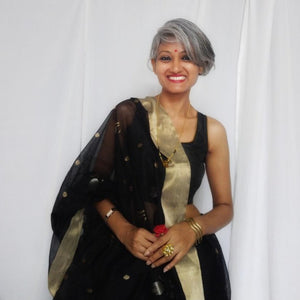 Beautiful handloom black  Chanderi silk cotton saree I silver golden elegant zari butas I Chanchal bringing arty to life