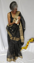 Load image into Gallery viewer, Beautiful handloom black  Chanderi silk cotton saree I silver golden elegant zari butas I Chanchal bringing arty to life