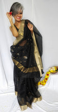 Load image into Gallery viewer, Beautiful handloom black  Chanderi silk cotton saree I silver golden elegant zari butas I Chanchal bringing arty to life