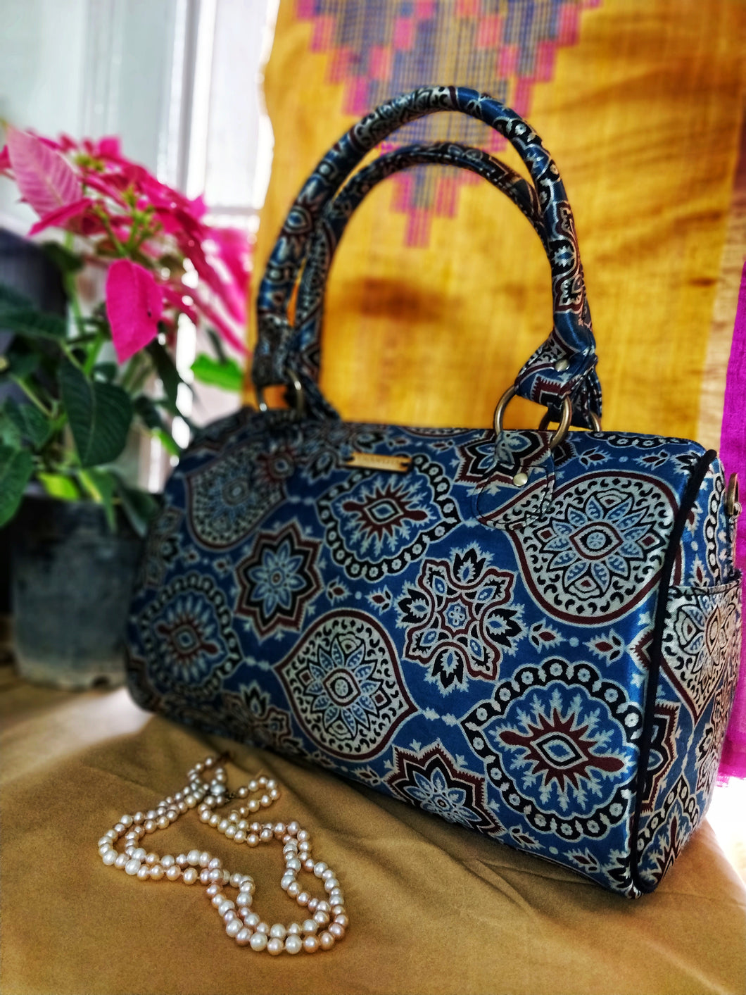 Blue Silk Ajrakh Duffle Bag