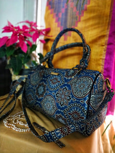 Blue Silk Ajrakh Duffle Bag