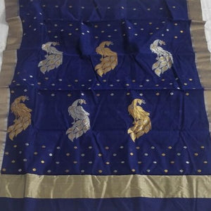 beautiful blue handloom  chanderi silk cotton saree I peacock zari butas sari I chanchal bringing art to life