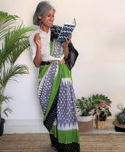 Load image into Gallery viewer, beautiful grey green ikat cotton handloom soft saree I Chanchal bringing art to life
