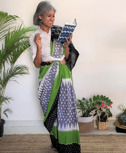 beautiful grey green ikat cotton handloom soft saree I Chanchal bringing art to life