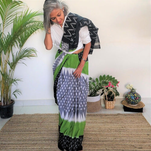 Beautiful, grey Leaf green black Ikat soft cotton saree, gorgeous. elegant, handloom, festive wear, Durga puja, Ganapati, office wear, ethnic collection, traditional dress, Chanchal bringing art to life.