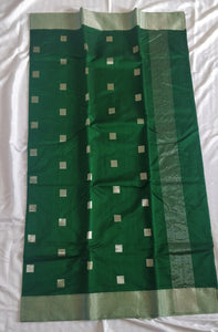 Chanchal bringing art to life, beautiful, green handloom Chanderi SIlk cotton sari with square shaped silver zari buta, elegant, festive wear, Durga puja, Ganapati , office wear, fashionable collection, traditional dress.