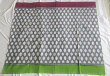 Load image into Gallery viewer, Chanchal bringing art to life, beautiful, grey green Ikkat soft cotton sari,  purple pink border, handloom, daily use, office wear, durga puja, casual dress, ganapati, traditional, ethnic dress, pochampalli
