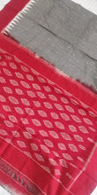 Load image into Gallery viewer, Beautiful, grey red Ikkat soft cotton saree, gorgeous. elegant, handloom, festive wear, Durga puja, Ganapati, office wear, ethnic collection, traditional dress, Chanchal bringing art to life.
