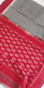 Beautiful, grey red Ikkat soft cotton saree, gorgeous. elegant, handloom, festive wear, Durga puja, Ganapati, office wear, ethnic collection, traditional dress, Chanchal bringing art to life.