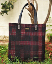 Load image into Gallery viewer, Black Red Ikat Bucket Tote Handbag Chanchal Vegan leather 