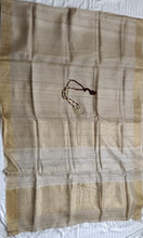 Load image into Gallery viewer, Natural Beige Brown Tussar Silk Sari, Half n Half Pattern, gorgeous. classy, elegant, handloom, festive wear, Durga puja, Ganapati, office wear, ethnic collection, traditional dress, Chanchal bringing art to life.