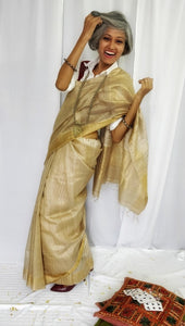 Natural Beige Brown Tussar Silk Sari, Half n Half Pattern, gorgeous. classy, stylist, elegant, handloom, festive wear, Durga puja, Ganapati, office wear, ethnic collection, traditional dress, Chanchal bringing art to life.
