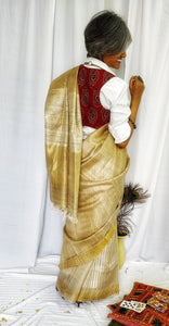 Natural Beige Brown Tussar Silk Saree, Half n Half Pattern, gorgeous. classy, elegant, handloom, festive wear, Durga puja, Ganapati, office wear, ethnic collection, traditional dress, Chanchal bringing art to life.