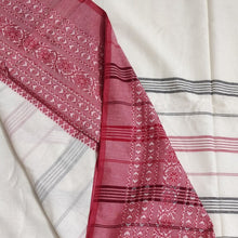 Load image into Gallery viewer, White Red Cotton Sari, broad border, striped pallu, gorgeous. elegant, handloom, festive wear, Durga puja, Ganapati, office wear, ethnic collection, traditional dress, Chanchal bringing art to life.