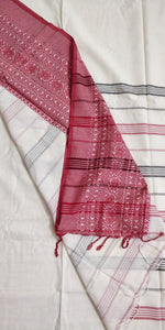 White Red Cotton Sari, broad border, striped pallu, gorgeous. elegant, handloom, festive wear, Durga puja, Ganapati, office wear, ethnic collection, traditional dress, Chanchal bringing art to life.