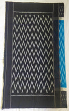 Load image into Gallery viewer, Chanchal, beautiful Ikat soft cotton sari, blue color with white chevron patterns, black border with motifs, black pallu chevron pattern, office wear, handwoven, casual wear.