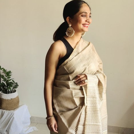 Beige White Tussar Silk Saree with Striped Pallu I gorgeous handloom ethnic wear I office wear sari I Chanchal bringing art to life.