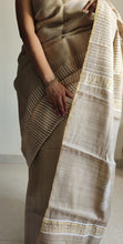 Load image into Gallery viewer, Beige White Tussar Silk Saree with Striped Pallu I gorgeous handloom ethnic wear I office wear sari I Chanchal bringing art to life.
