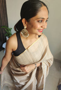Beige White Tussar Silk Saree with Striped Pallu I gorgeous handloom ethnic wear I office wear sari I Chanchal bringing art to life.