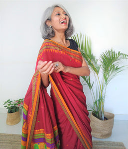 beautiful maroon handloom dongria cotton sari I Chanchal bringing art to life