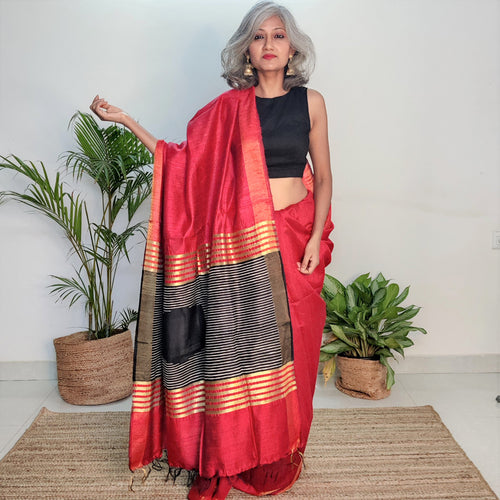 Red Black Tussar Silk Saree Sari Chanchal Bhagalpuri Handwoven Ethnic wear