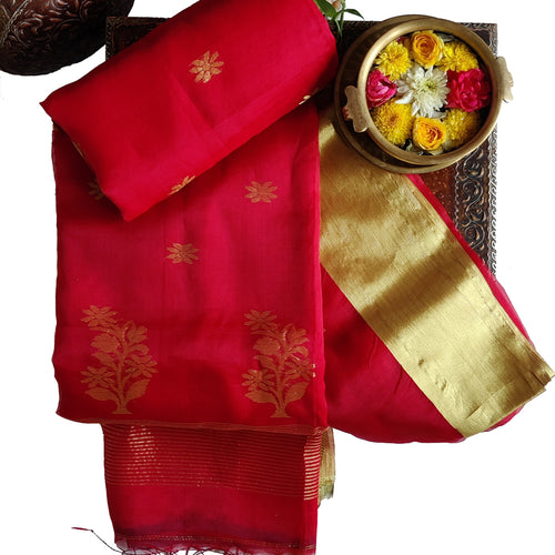 beautiful red golden cotton silk handwoven saree I festive wear sari I Chanchal bringing art to life