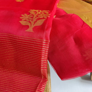 beautiful red golden cotton silk handwoven saree I festive wear sari I Chanchal bringing art to life