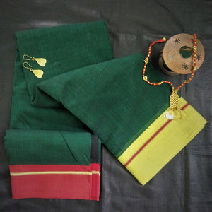 Beautiful handmade soft pure Greeen Yellow Patteda Anchu Cotton Saree I Chanchal bringing art to life