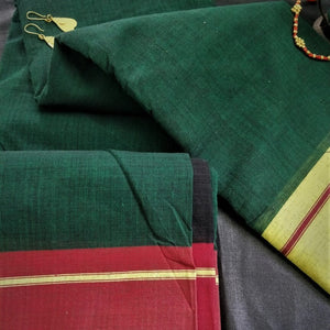 Beautiful handmade soft pure Greeen Yellow Patteda Anchu Cotton Sari I Chanchal bringing art to life