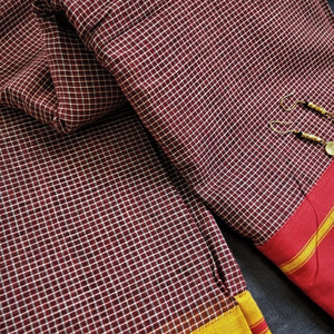beautiful pure handwoven Red Check Patteda Anchu Cotton Saree I Chanchal bringing art to life