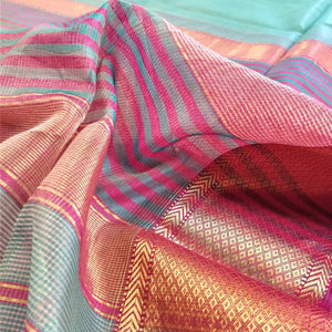 Gorgeous sea green golden rani pink zari work pure handloom silk cotton maheshwari sari I Chanchal bringing art to life