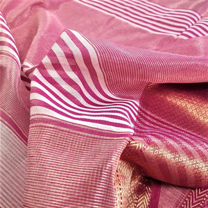 Beautiful white rani pink golden checks zari work handmade maheshwari tissue silk cotton sari I Chanchal bringing art to life