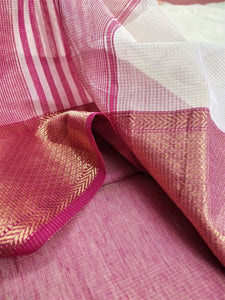 Beautiful white rani pink golden checks zari work handmade maheshwari silk cotton sari I Chanchal bringing art to life
