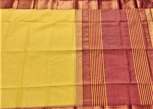 Beautiful handmade yellow goden zari maheshwari silk cotton saree I Chanchal bringing art to life