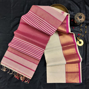 Beautiful white rani pink golden checks zari work handmade maheshwari tissue silk cotton saree I Chanchal bringing art to life