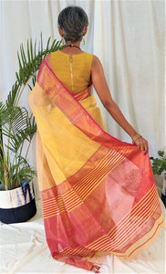 Beautiful handmade yellow goden zari maheshwari silk cotton sari I Chanchal bringing art to life