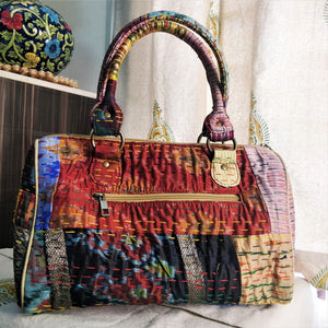 Beautiful multicolor Kantha Ikat handcrafted silk duffle bag I Chanchal bringing art to life 