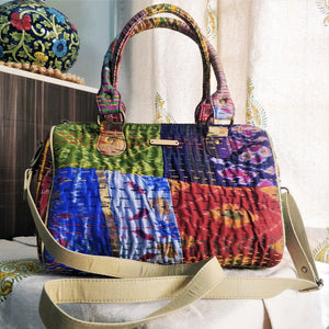 Beautiful multicolor Kantha Ikat handcrafted silk duffle bag I Chanchal bringing art to life 