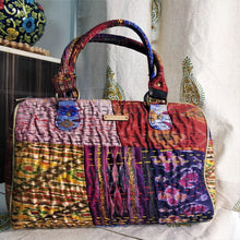 Load image into Gallery viewer, Beautiful purple golden multicolor Kantha Ikat handcrafted silk duffle bag I Chanchal bringing art to life 