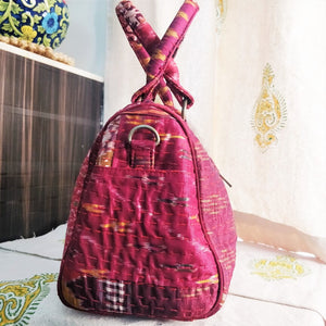 Gorgeous red white multicolor  Kantha Ikat handcrafted silk duffle bag I Chanchal bringing art to life 