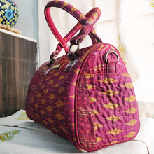 Load image into Gallery viewer, Beautiful maroon golden multicolor Kantha Ikat handcrafted silk duffle bag I Chanchal bringing art to life 