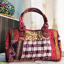 Load image into Gallery viewer, Beautiful maroon white check multicolor Kantha Ikat handcrafted silk duffle bag I Chanchal bringing art to life 