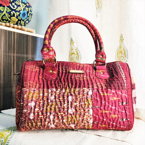 Classy maroon multicolor Kantha Ikat handcrafted silk duffle bag I Chanchal bringing art to life 