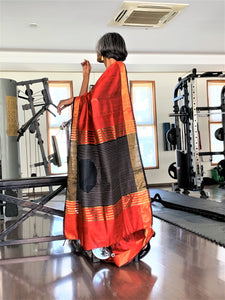 Red Black Tussar Silk Saree Sari Chanchal Bhagalpuri Handwoven Ethnic wear