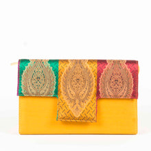 Load image into Gallery viewer, Mustard Silk Clutch Chanchal Handmade Sustainable Fashion Brands in Bangalore